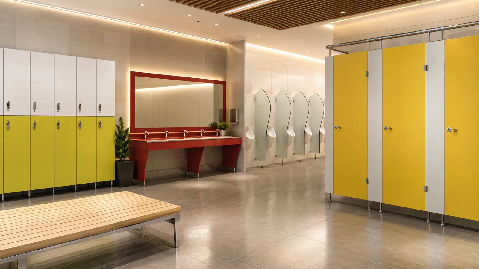 Soyunma dolapları, tezgah sistemleri, pisuvar ara paravanları ve WC kabin sistemleri